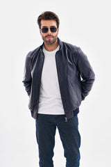 The Ardent Lambskin Leather Jacket – Navy Blue For Sale