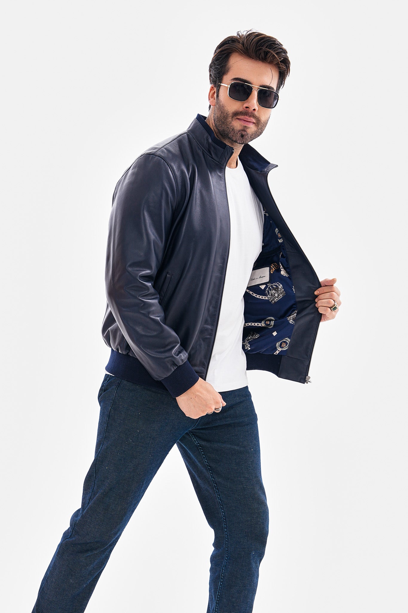 The Ardent Lambskin Leather Jacket – Navy Blue For Sale