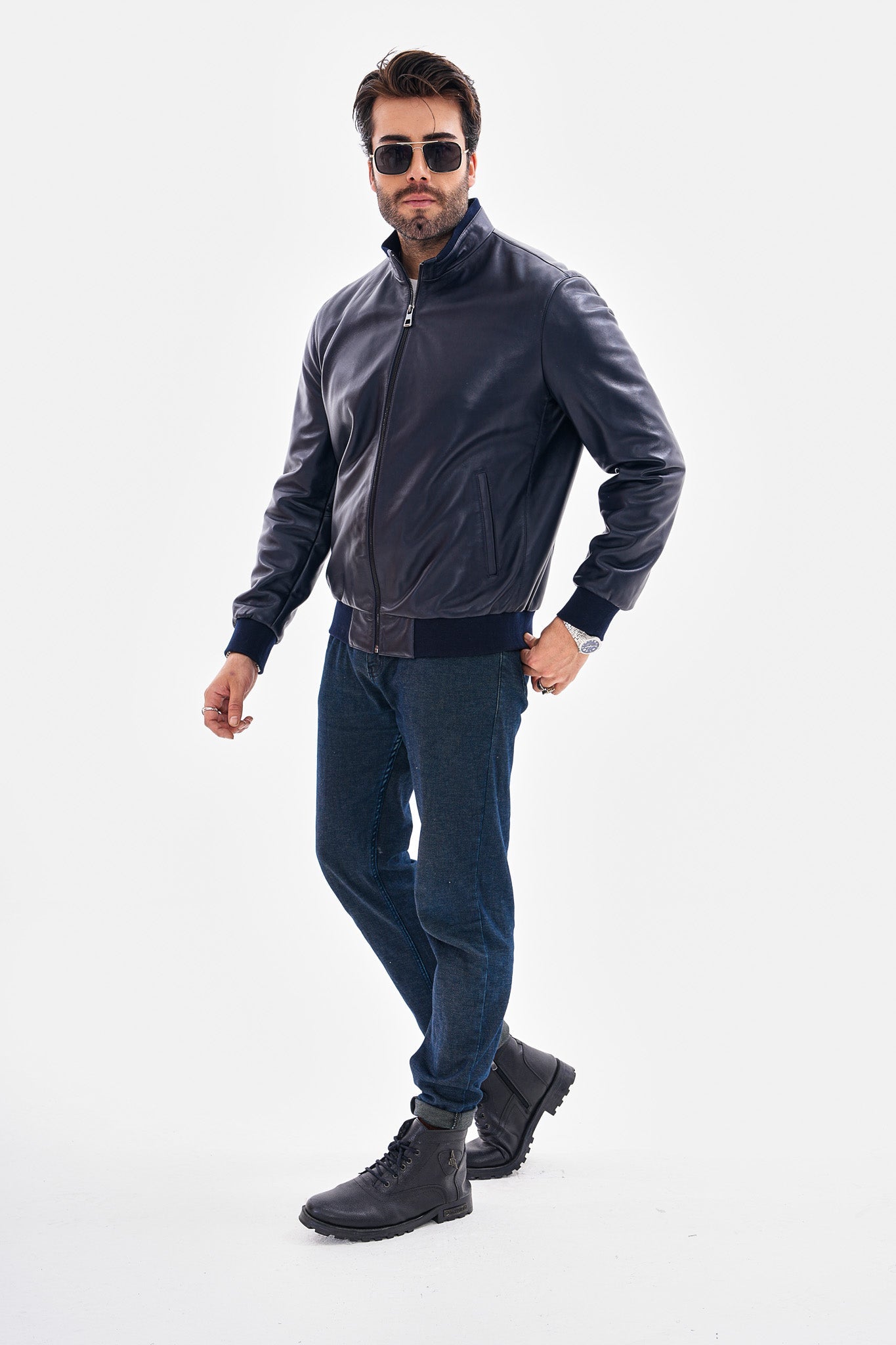 The Ardent Lambskin Leather Jacket – Navy Blue For Sale