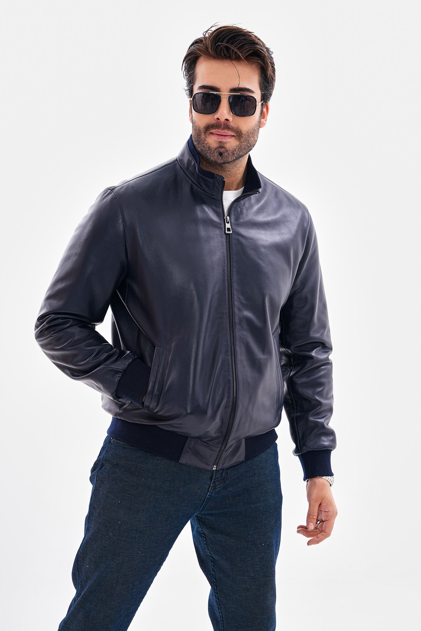 The Ardent Lambskin Leather Jacket – Navy Blue For Sale