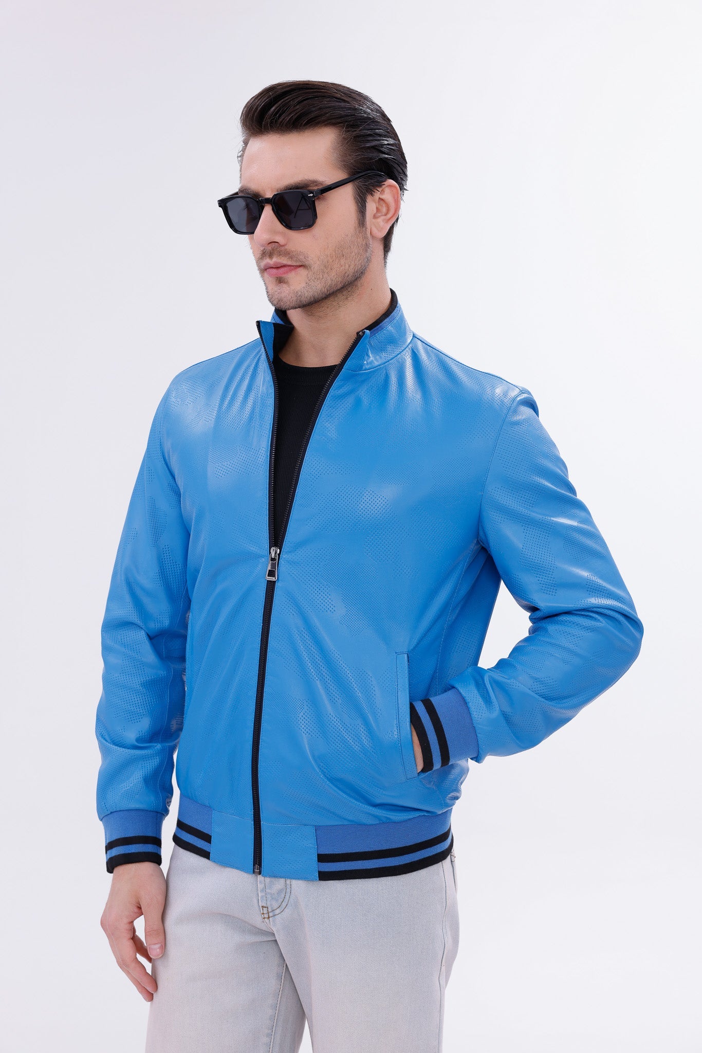 Monza Blue Lambskin Leather Jacket Universal Fit