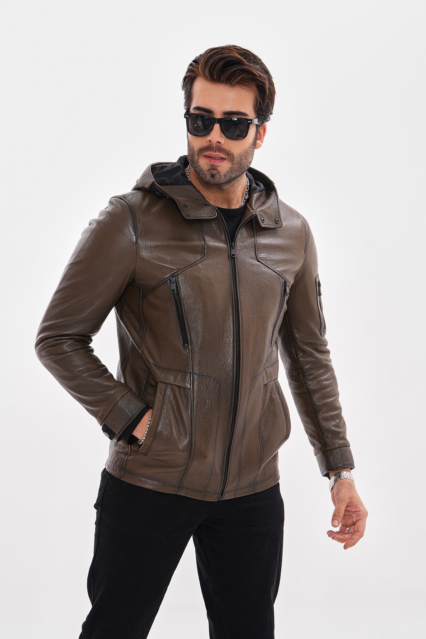 The Veneto Khaki Leather Hooded Jacket For Sale