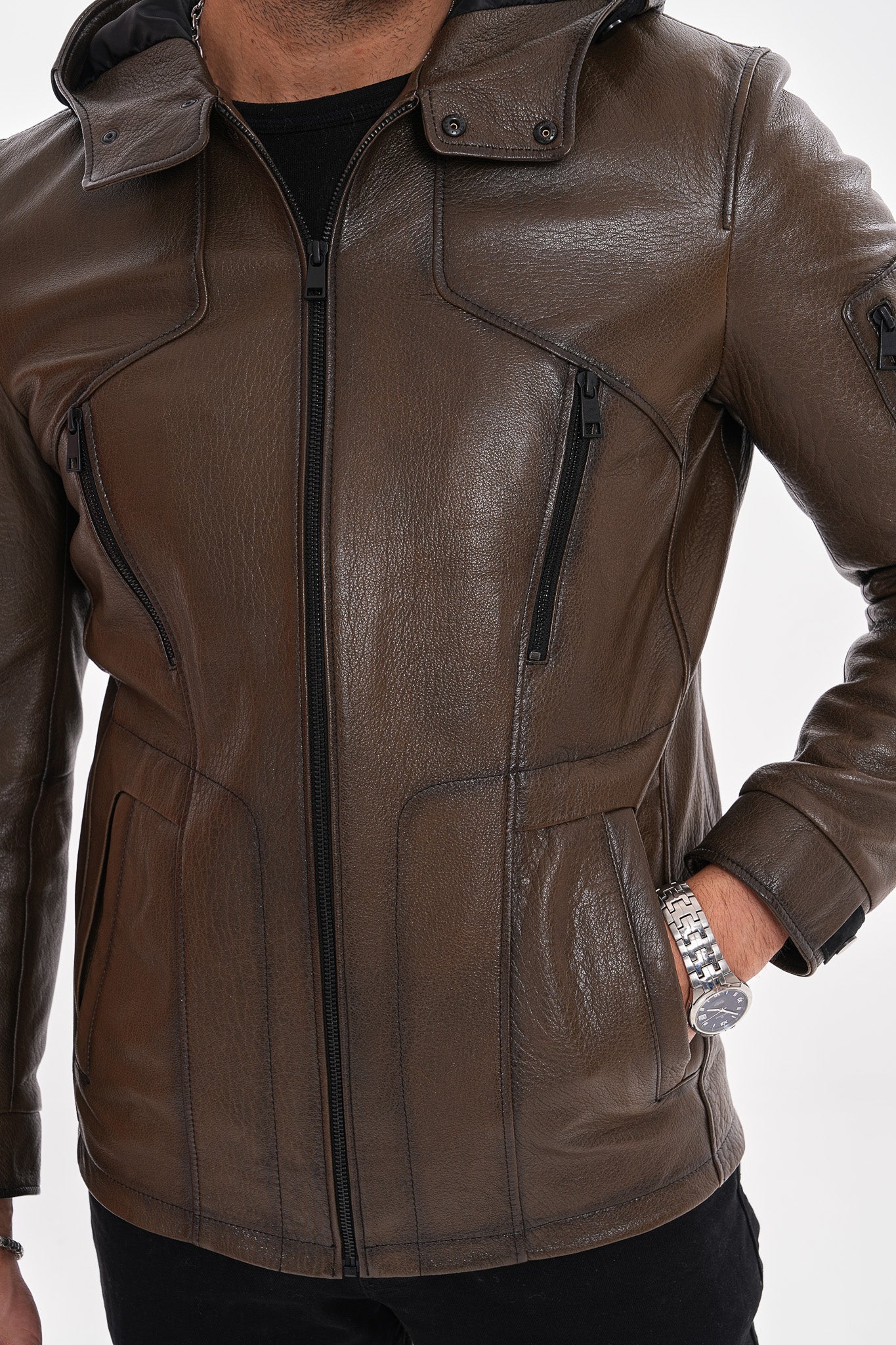 The Veneto Khaki Leather Hooded Jacket For Sale