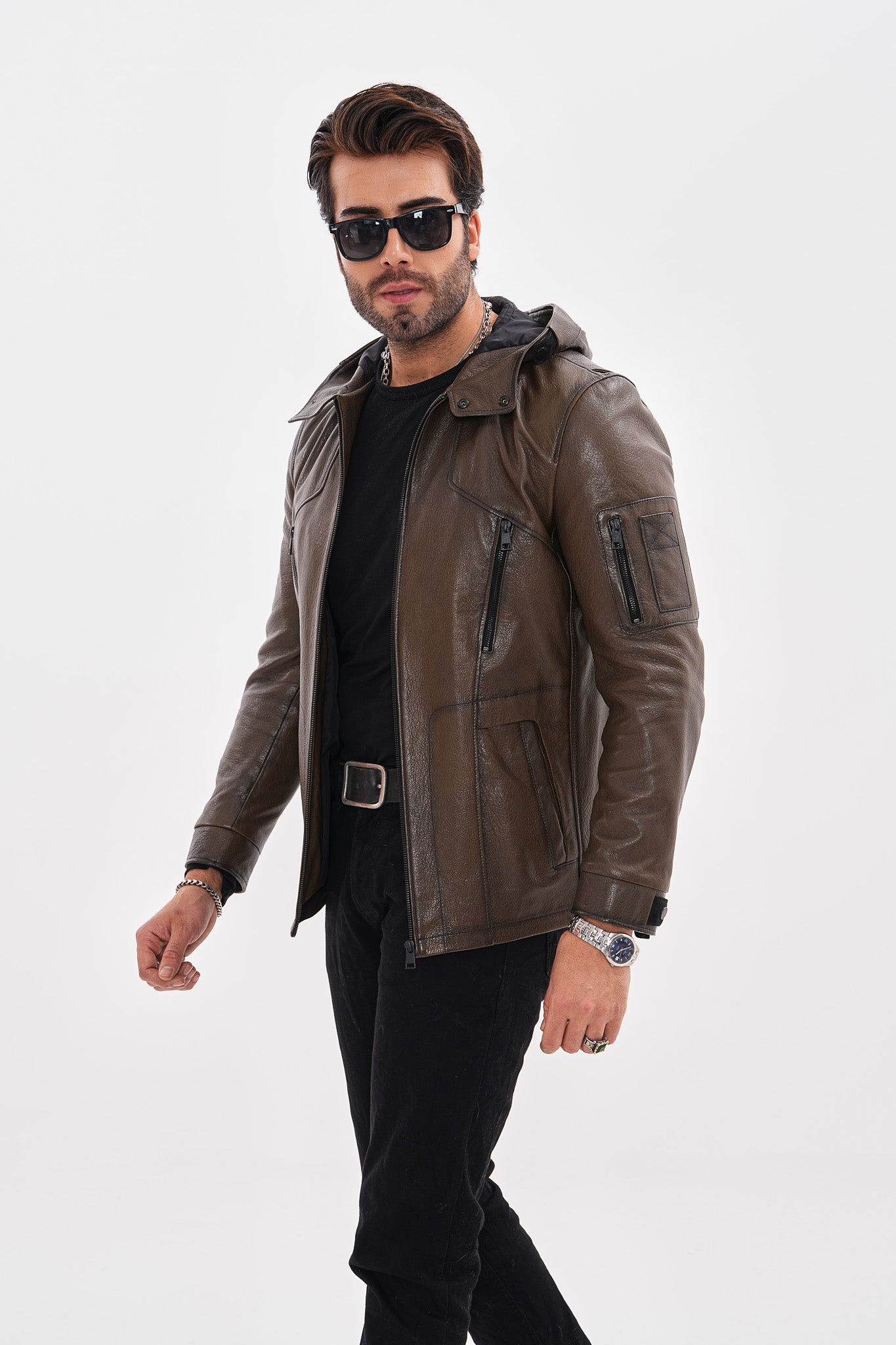 The Veneto Khaki Leather Hooded Jacket For Sale
