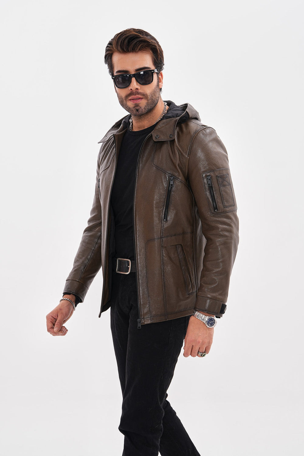The Veneto Khaki Leather Hooded Jacket For Sale