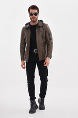 The Veneto Khaki Leather Hooded Jacket For Sale