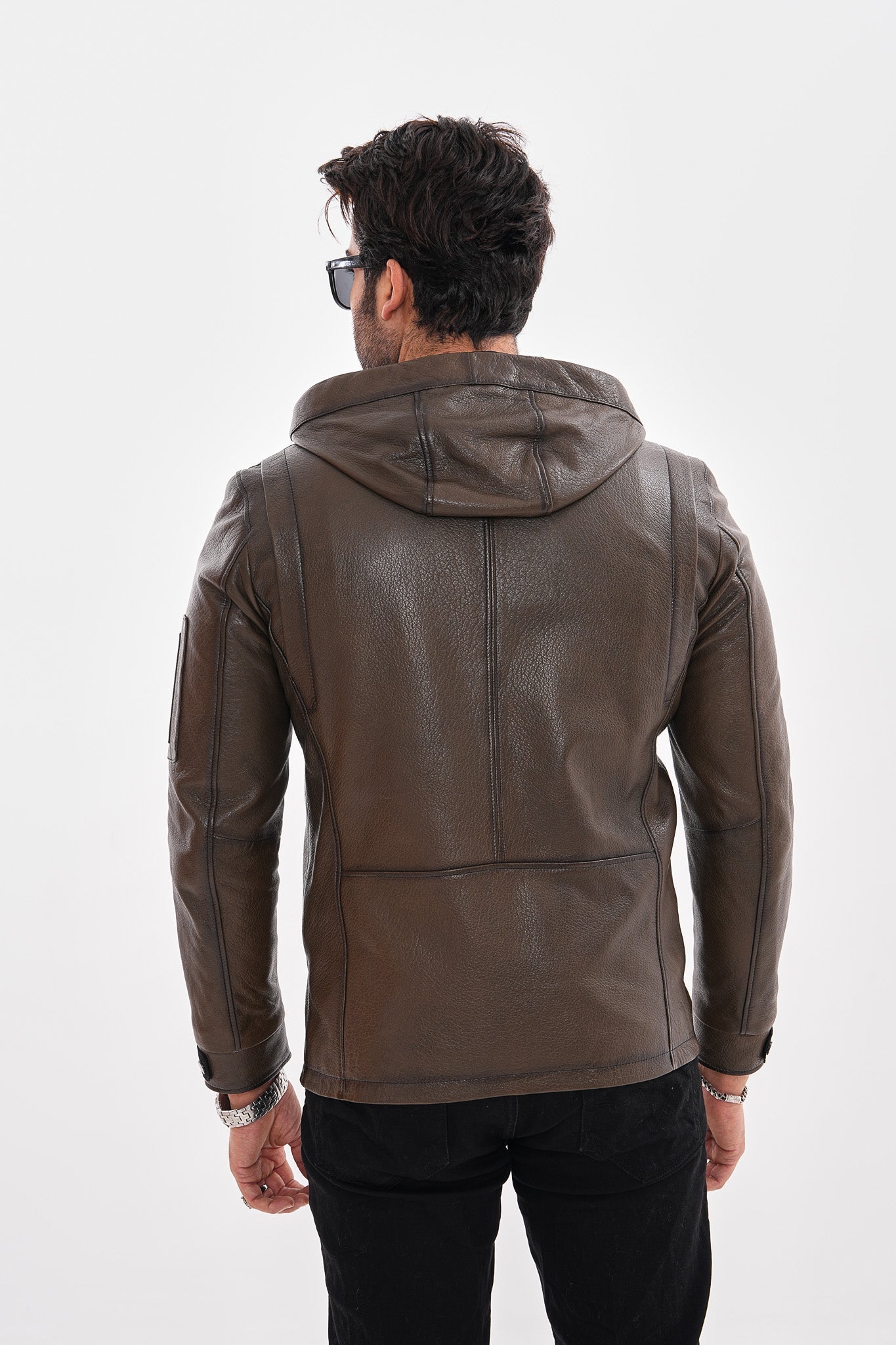 The Veneto Khaki Leather Hooded Jacket For Sale