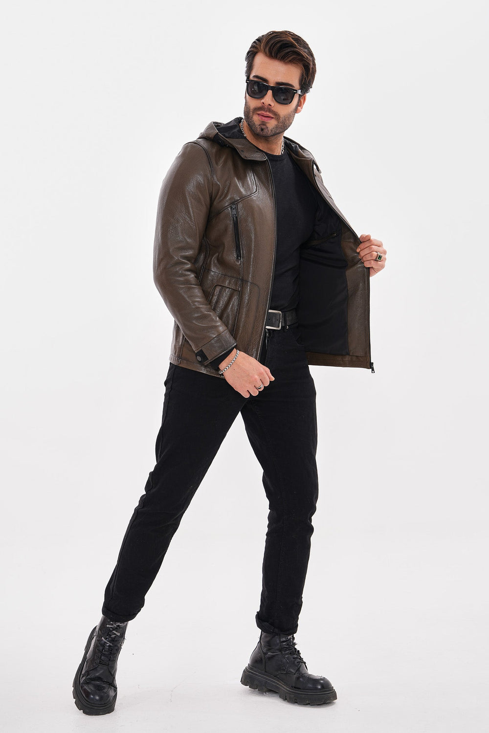 The Veneto Khaki Leather Hooded Jacket For Sale