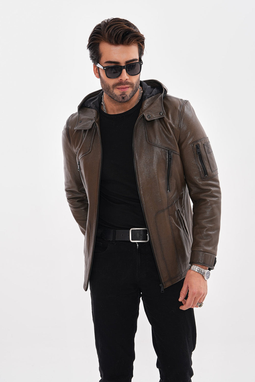 The Veneto Khaki Leather Hooded Jacket For Sale