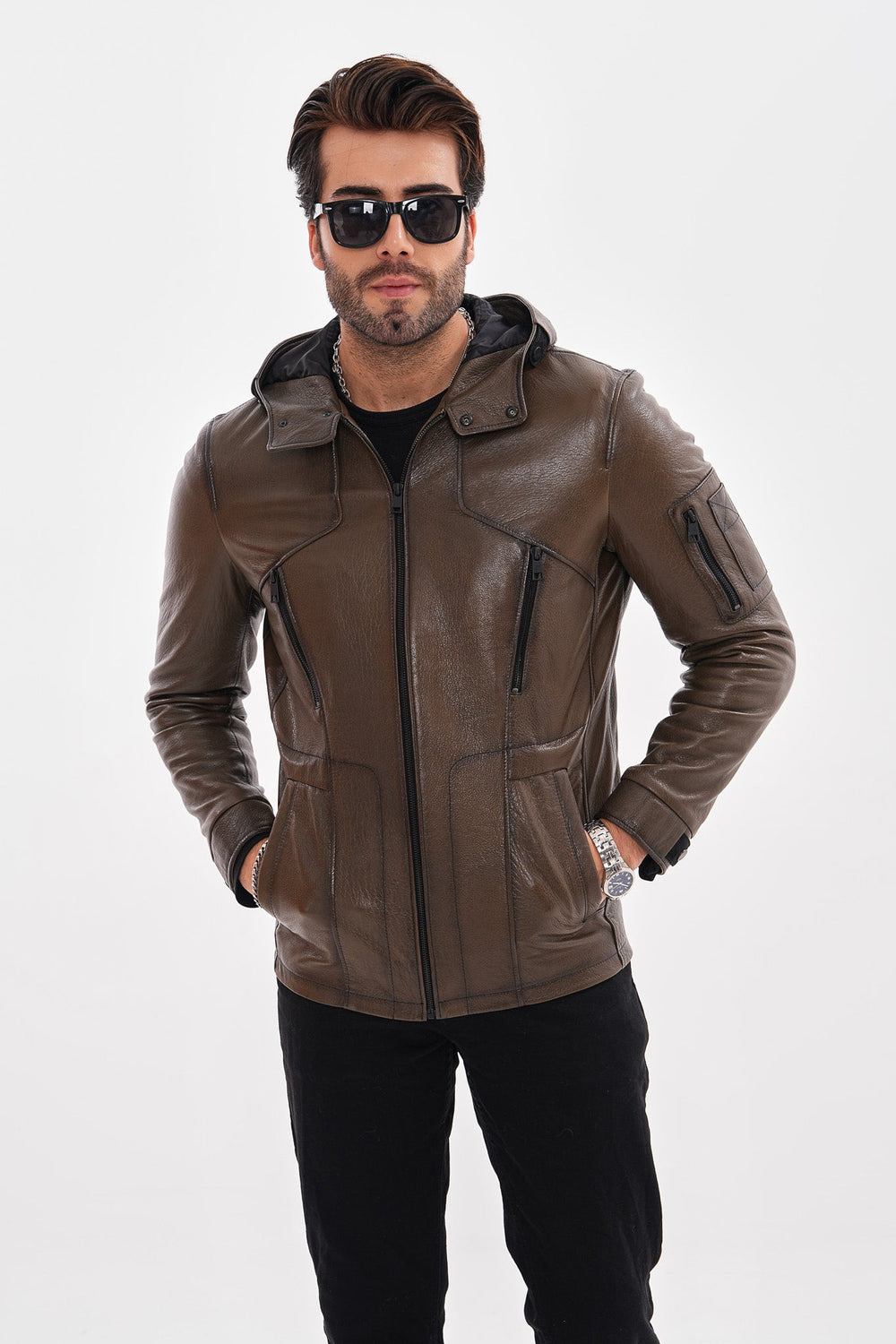 The Veneto Khaki Leather Hooded Jacket For Sale