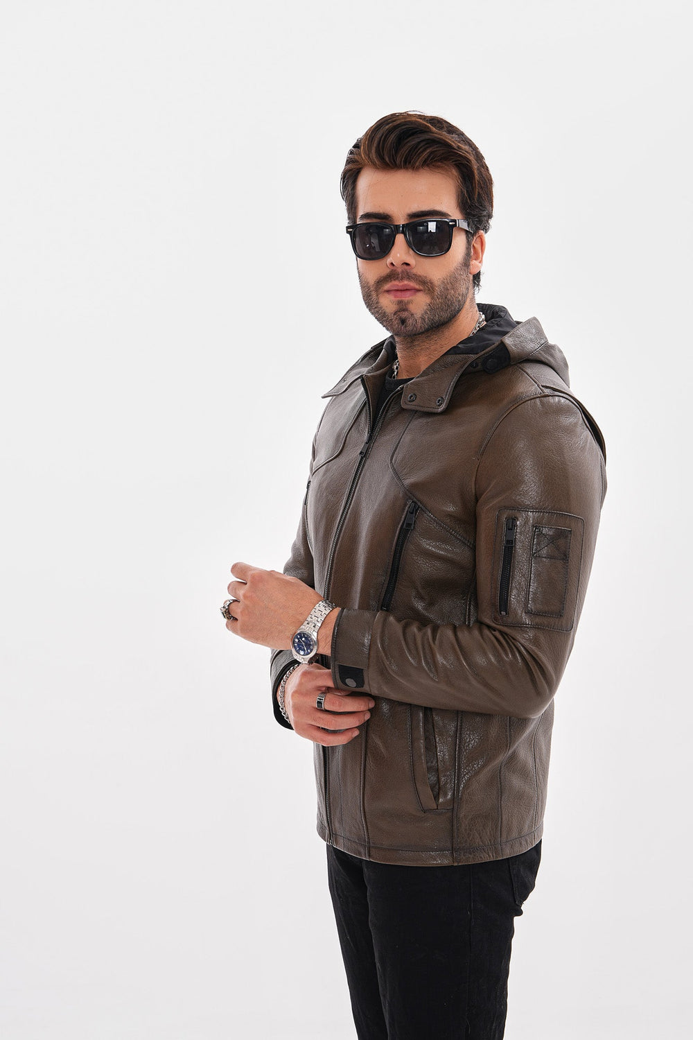 The Veneto Khaki Leather Hooded Jacket For Sale