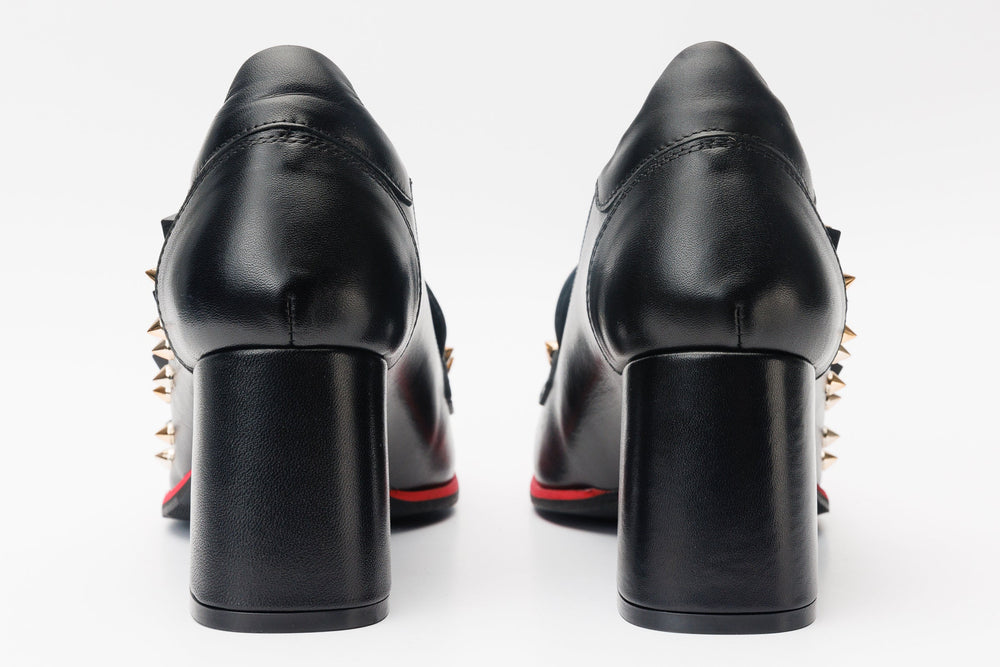 The Infanta Black Spike Leather Block Heel Pump Shoe Universal Fit