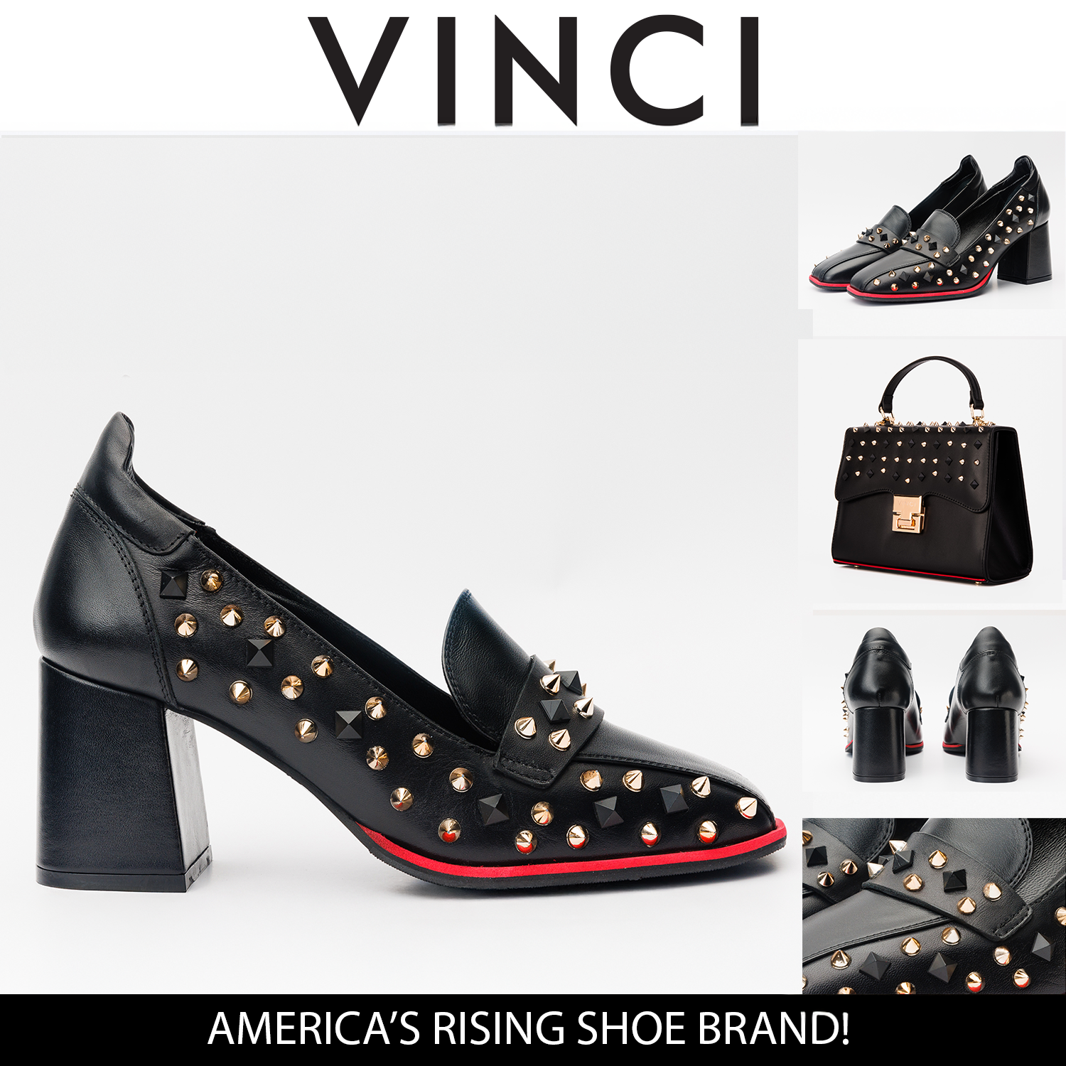 The Infanta Black Spike Leather Block Heel Pump Shoe Universal Fit