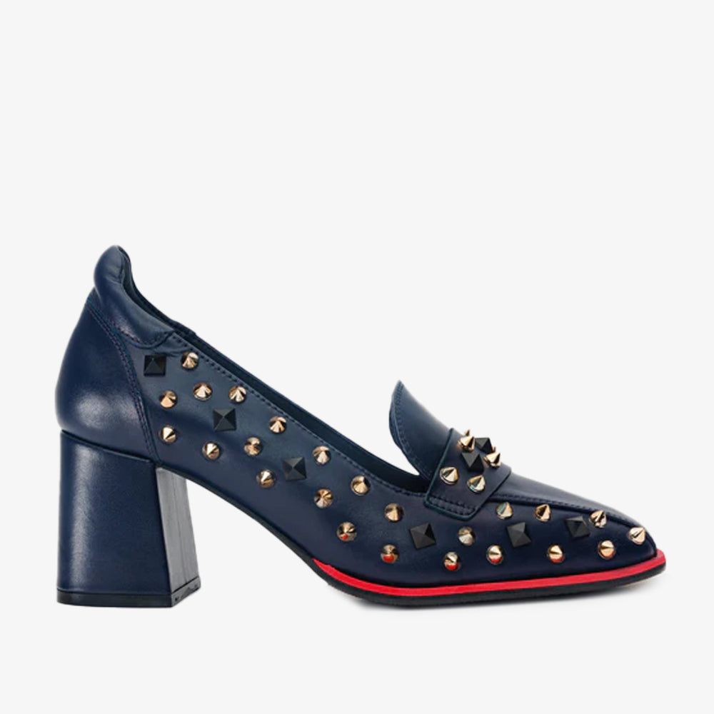 The Infanta Navy Blue Spike Leather Block Heel Pump Shoe Fine Craftsmanship