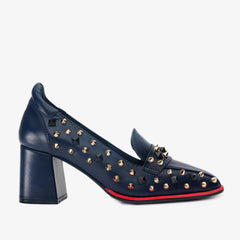 The Infanta Navy Blue Spike Leather Block Heel Pump Shoe Fine Craftsmanship