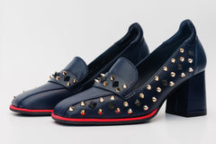 The Infanta Navy Blue Spike Leather Block Heel Pump Shoe Fine Craftsmanship