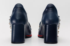 The Infanta Navy Blue Spike Leather Block Heel Pump Shoe Fine Craftsmanship