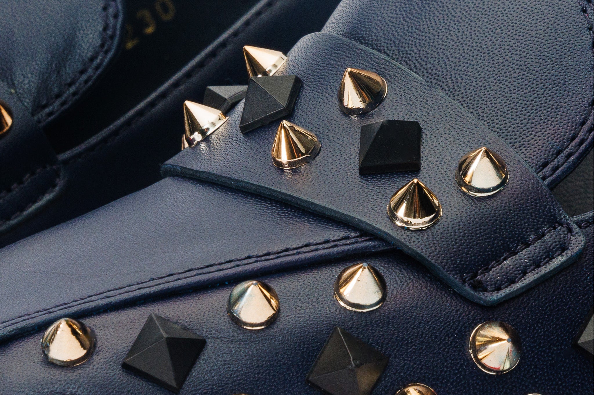The Infanta Navy Blue Spike Leather Block Heel Pump Shoe Fine Craftsmanship