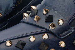 The Infanta Navy Blue Spike Leather Block Heel Pump Shoe Fine Craftsmanship