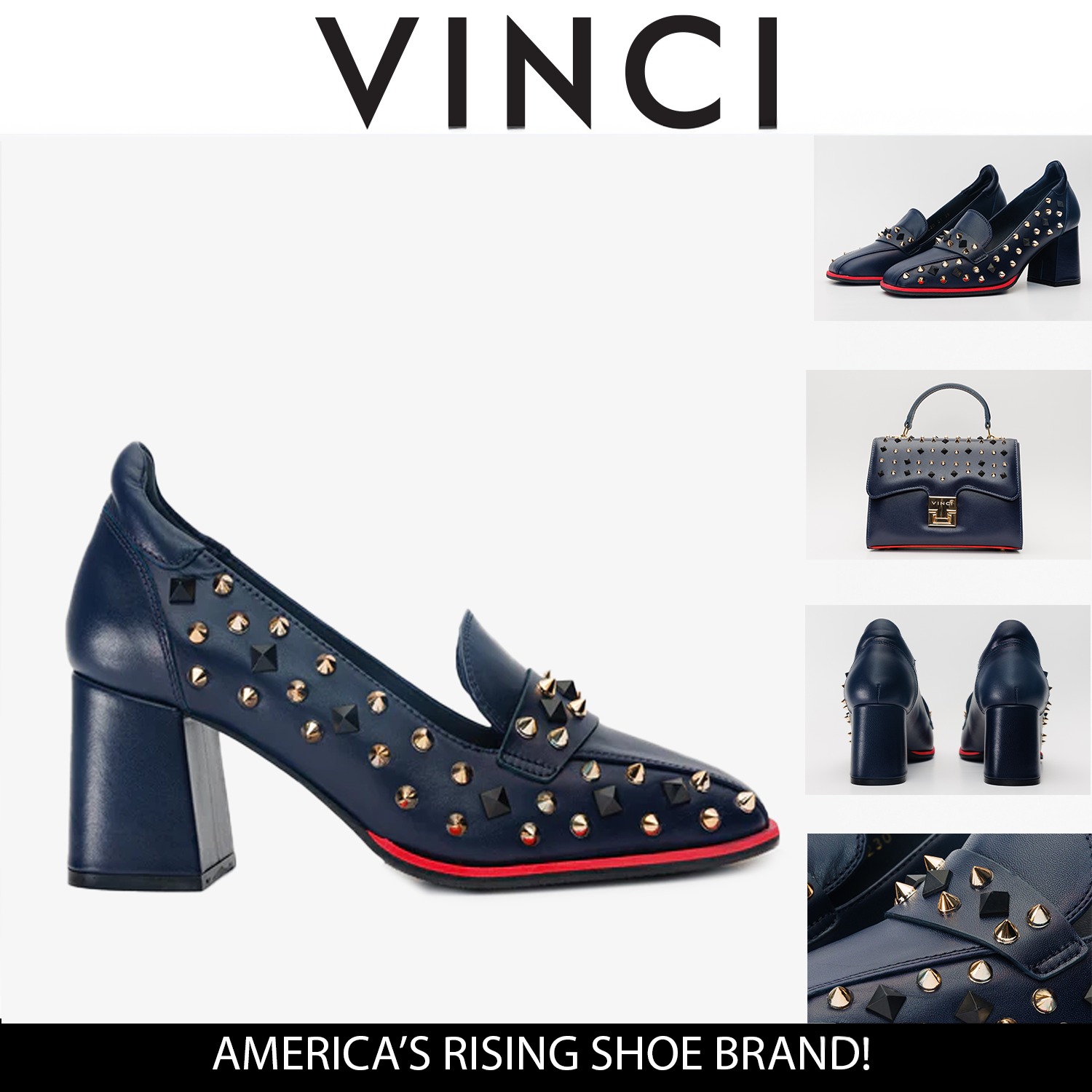 The Infanta Navy Blue Spike Leather Block Heel Pump Shoe Fine Craftsmanship