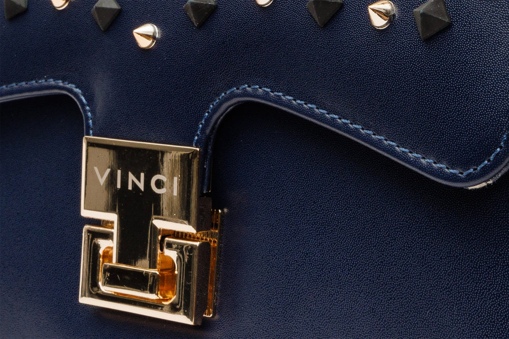 The Infanta Navy Blue Spike Leather Handbag Exclusive Style