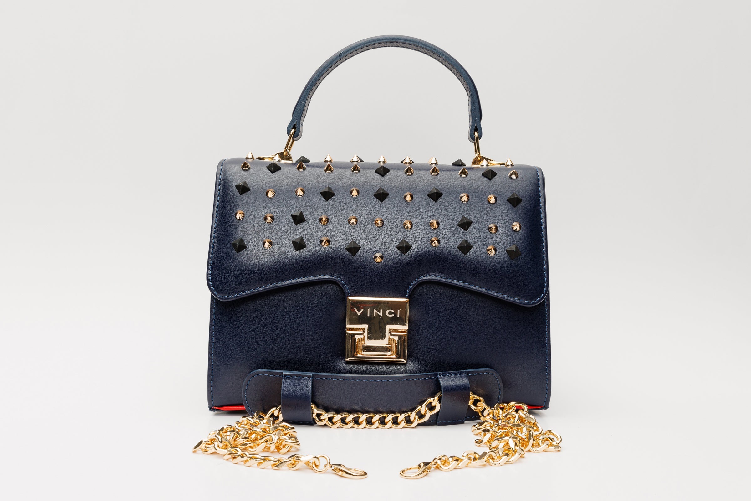 The Infanta Navy Blue Spike Leather Handbag Exclusive Style