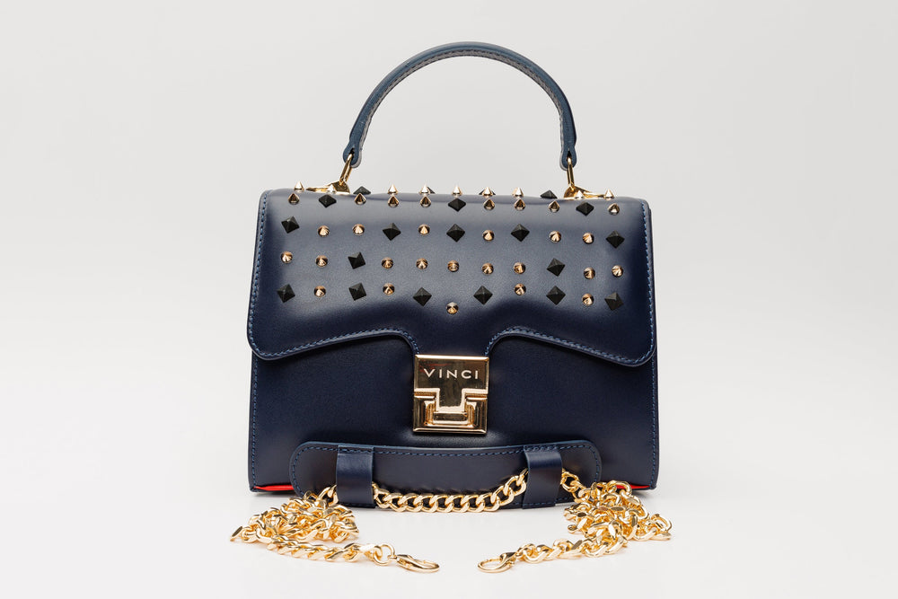 The Infanta Navy Blue Spike Leather Handbag Exclusive Style