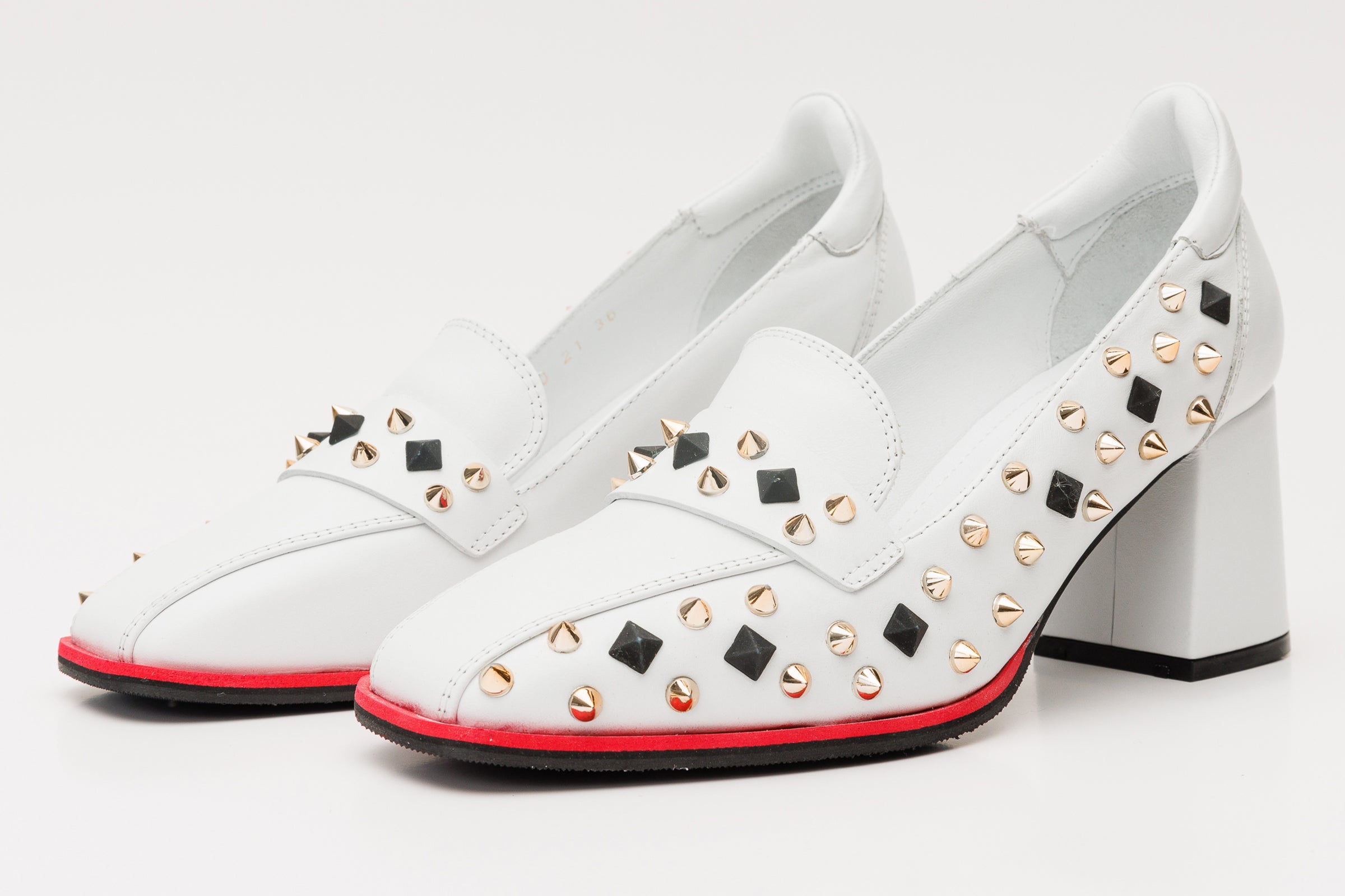 The Infanta White Spike Leather Block Heel Pump Shoe On Sale