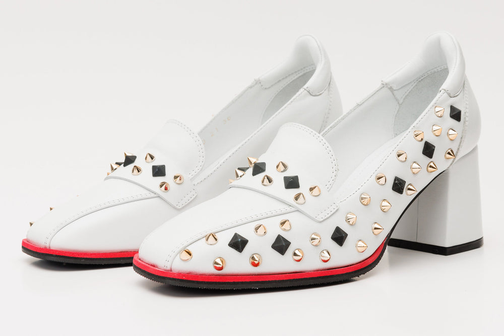 The Infanta White Spike Leather Block Heel Pump Shoe On Sale