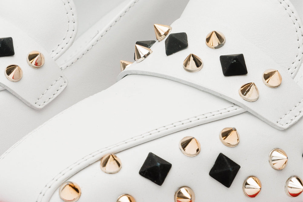 The Infanta White Spike Leather Block Heel Pump Shoe On Sale