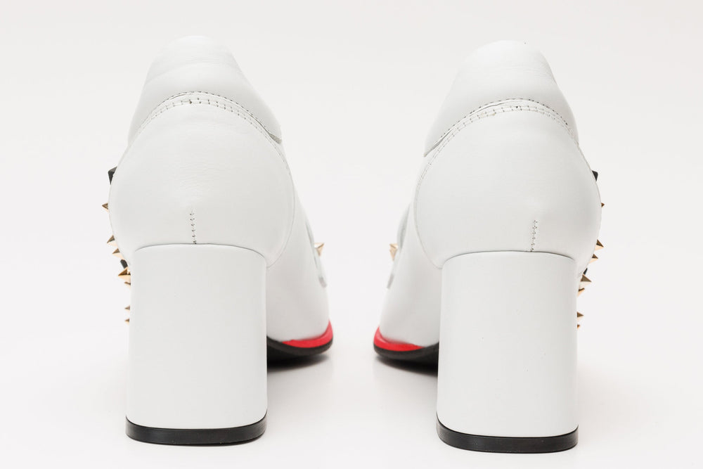 The Infanta White Spike Leather Block Heel Pump Shoe On Sale