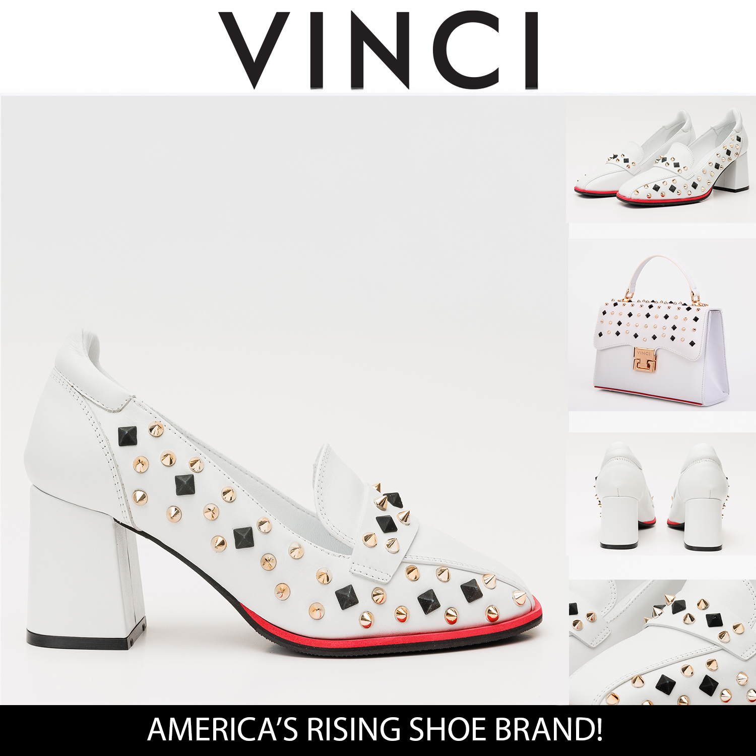 The Infanta White Spike Leather Block Heel Pump Shoe On Sale