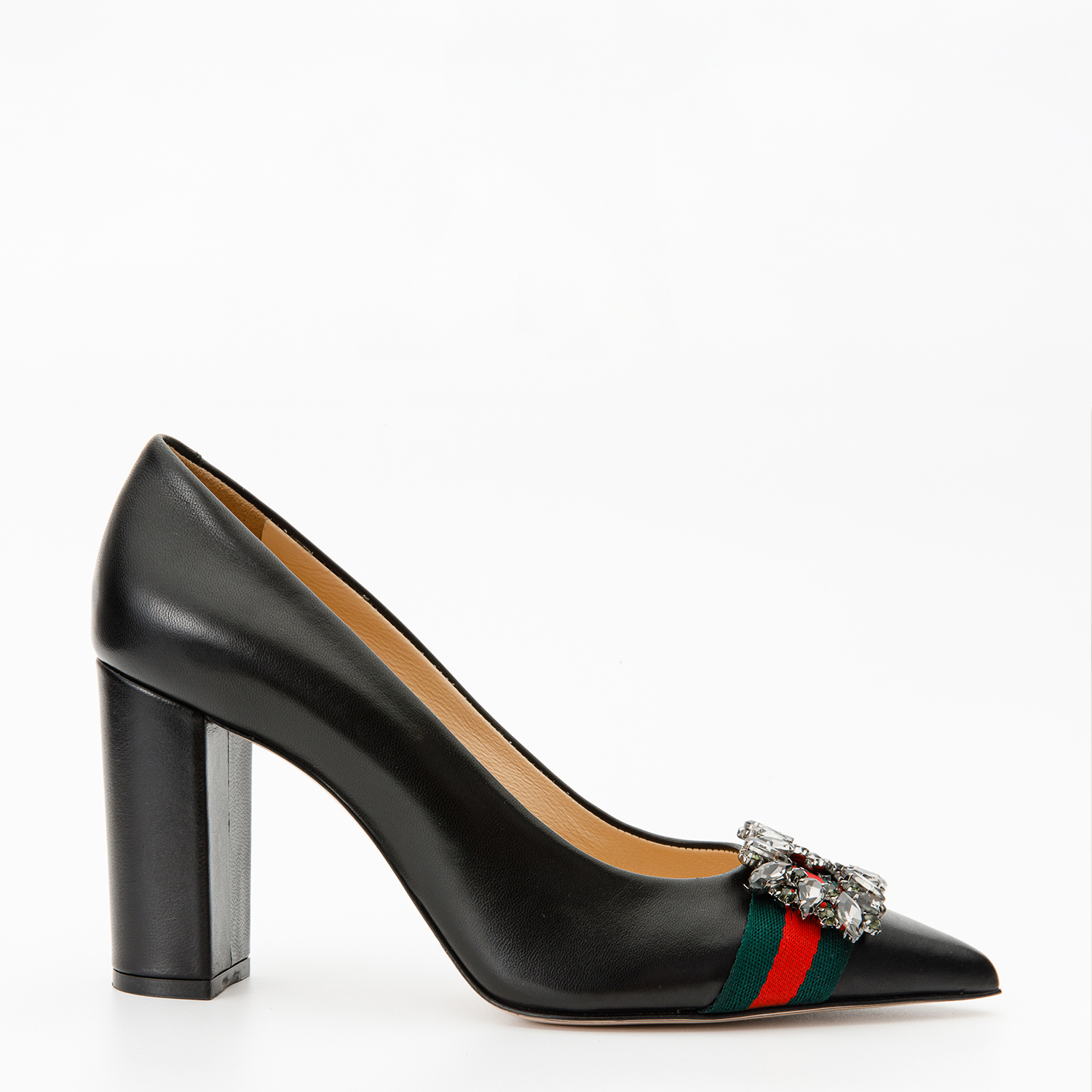 The Afega Black Leather Block Heel Pump Shoe For Sale