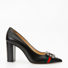 The Afega Black Leather Block Heel Pump Shoe For Sale