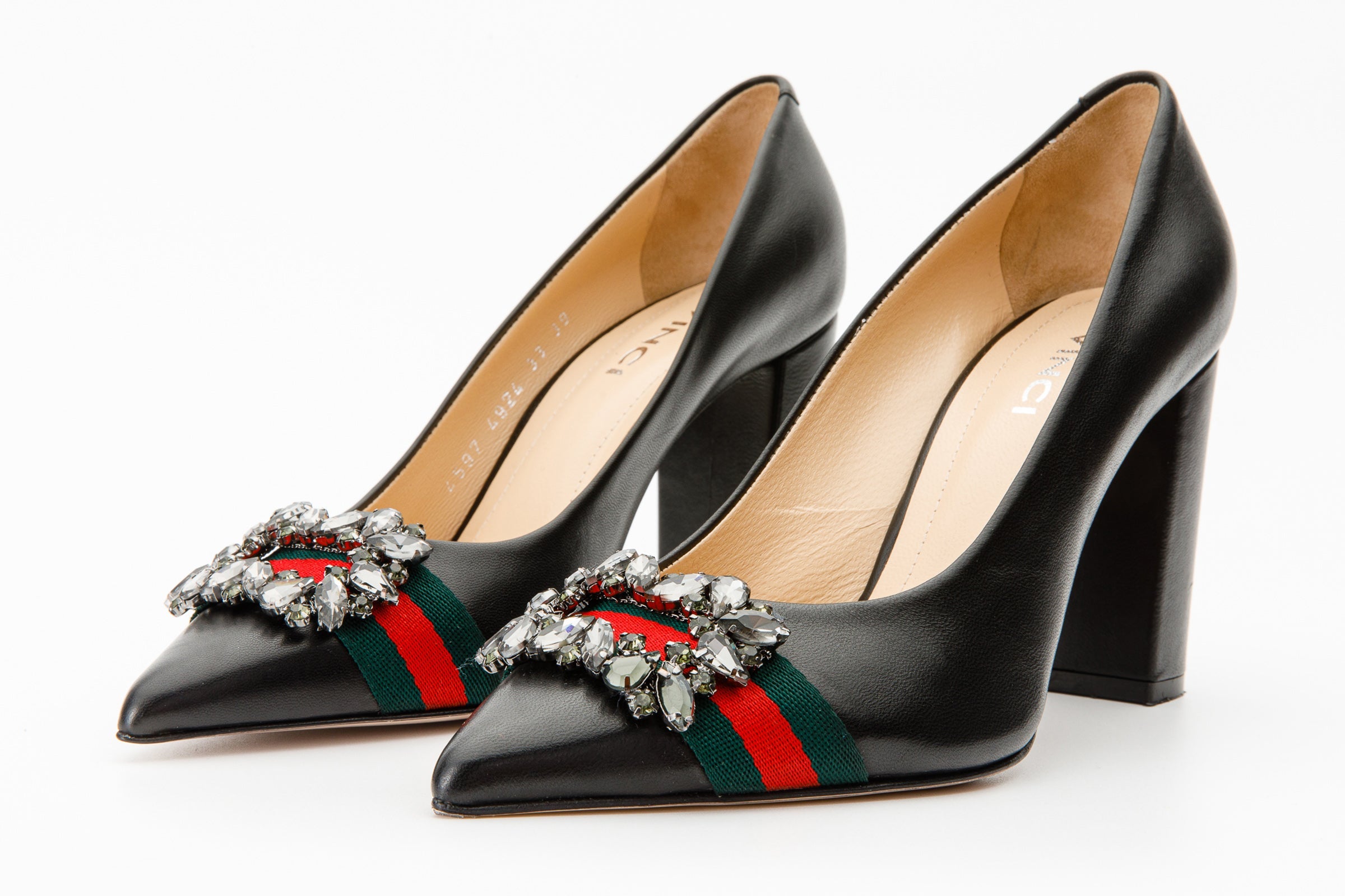 The Afega Black Leather Block Heel Pump Shoe For Sale