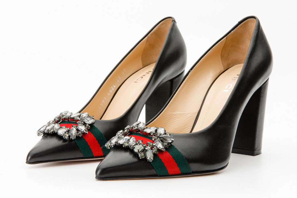 The Afega Black Leather Block Heel Pump Shoe For Sale