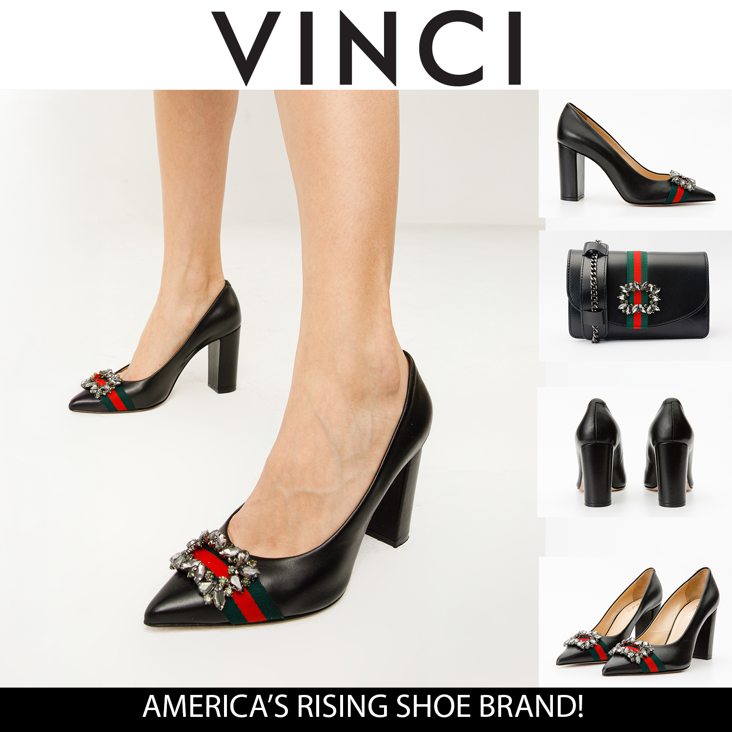 The Afega Black Leather Block Heel Pump Shoe For Sale