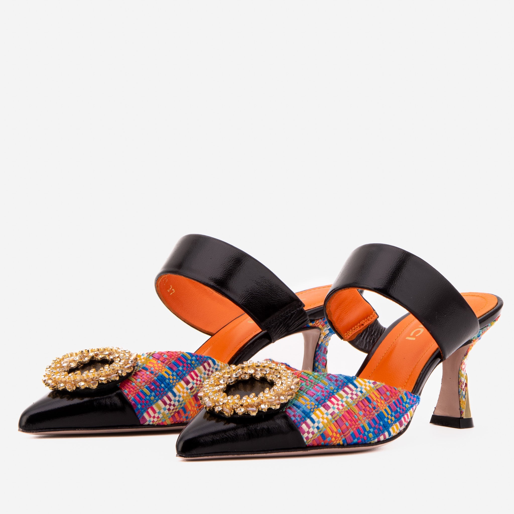 The Valencia Multicolor Leather Jewel Heel Mule Sandal Fine Craftsmanship