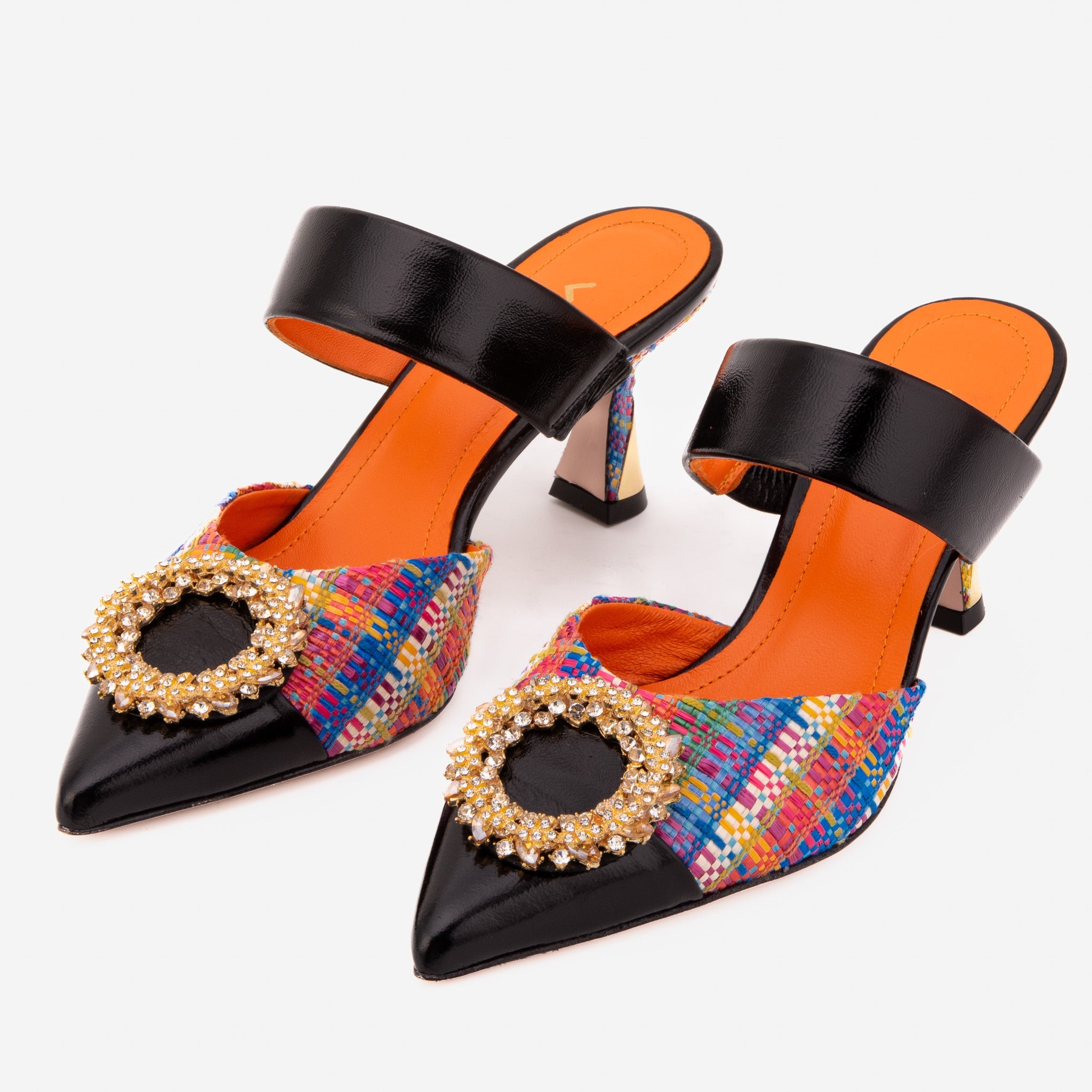 The Valencia Multicolor Leather Jewel Heel Mule Sandal Fine Craftsmanship
