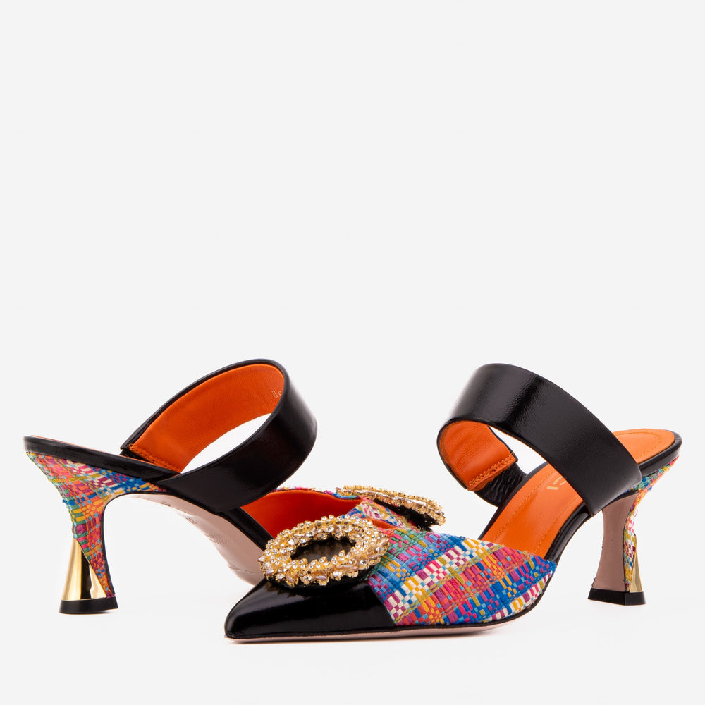 The Valencia Multicolor Leather Jewel Heel Mule Sandal Fine Craftsmanship