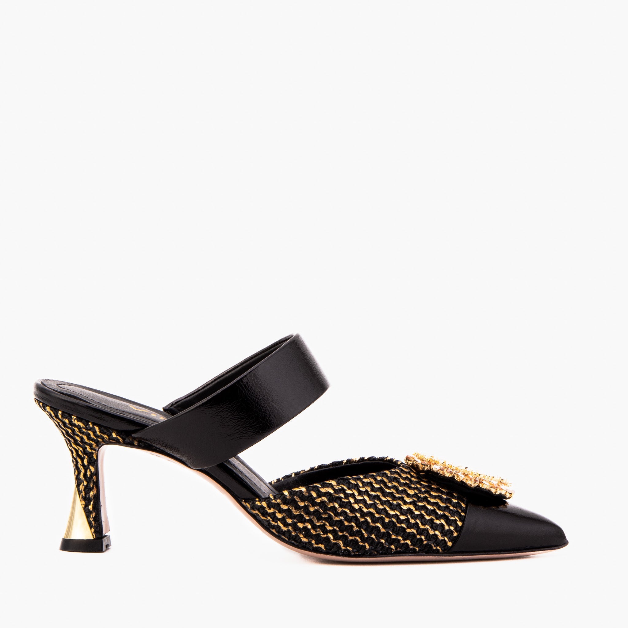 The Valencia Black Gold Jewel Heel Mule Sandal On Sale
