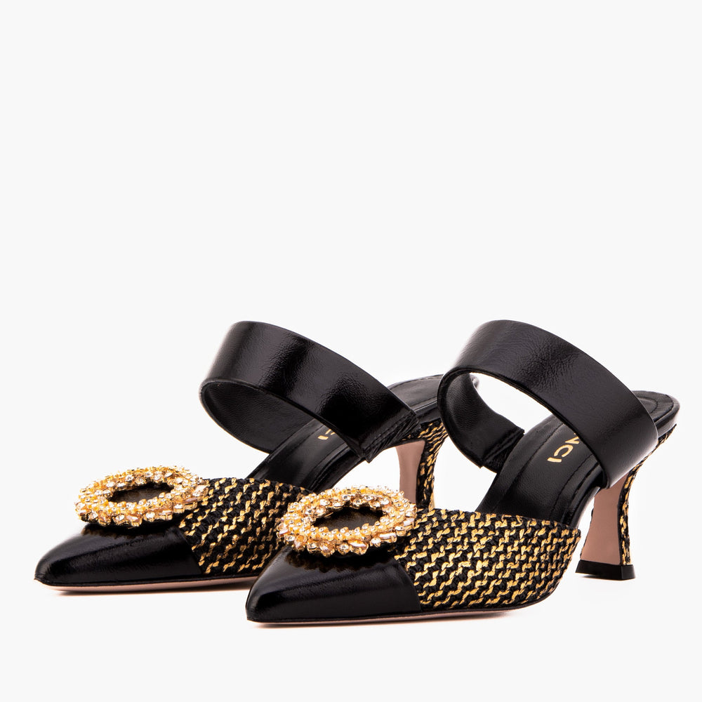 The Valencia Black Gold Jewel Heel Mule Sandal On Sale