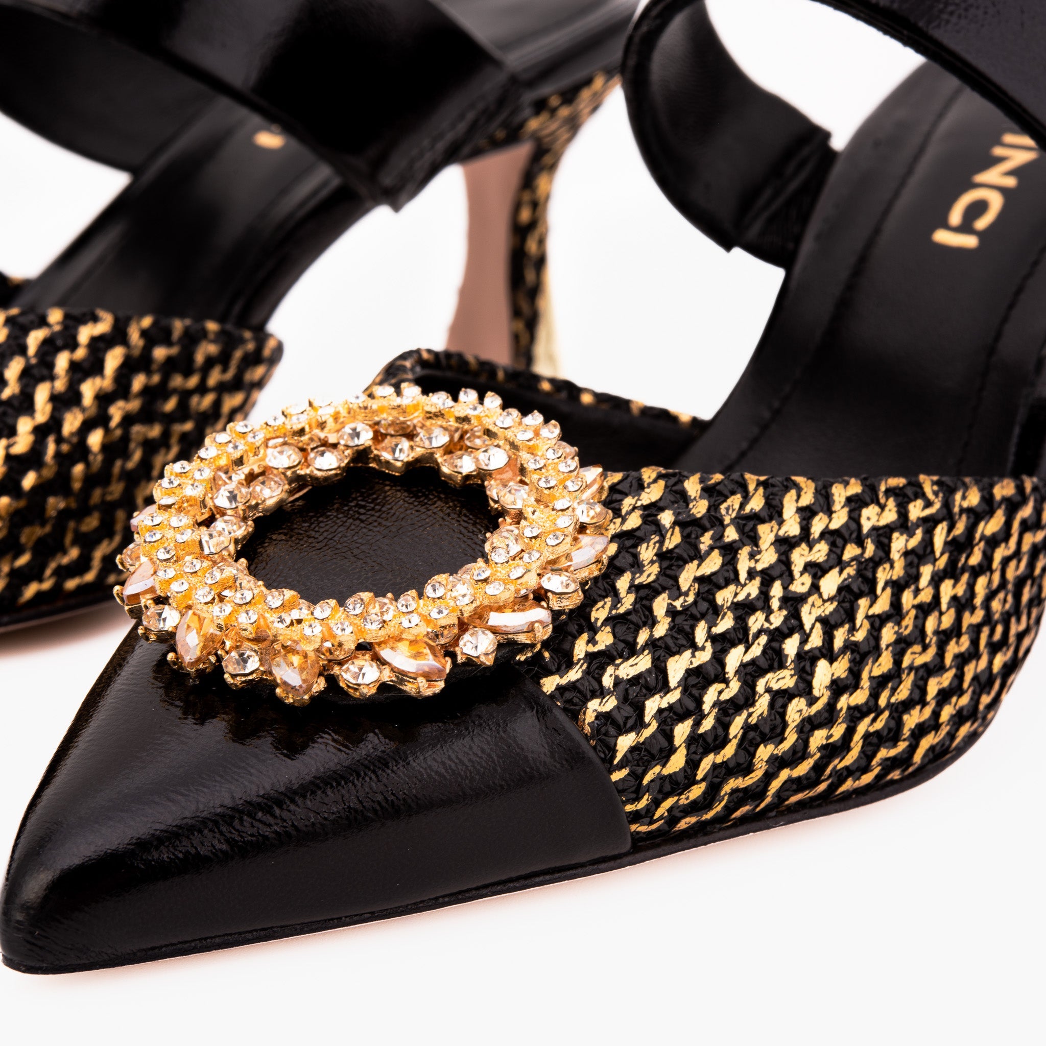 The Valencia Black Gold Jewel Heel Mule Sandal On Sale