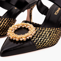 The Valencia Black Gold Jewel Heel Mule Sandal On Sale