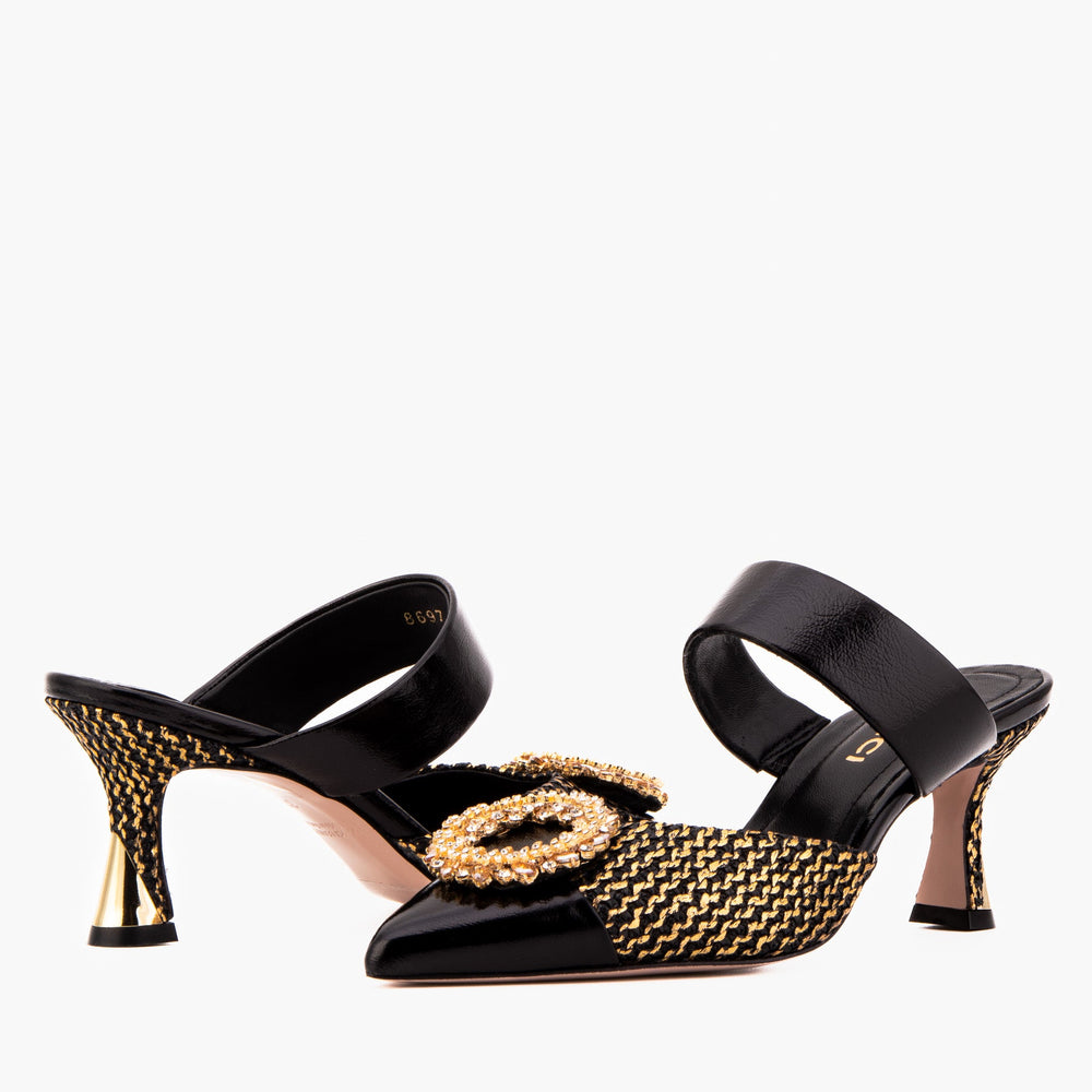 The Valencia Black Gold Jewel Heel Mule Sandal On Sale
