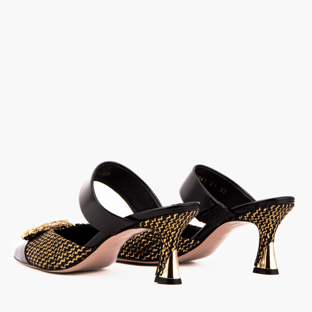 The Valencia Black Gold Jewel Heel Mule Sandal On Sale