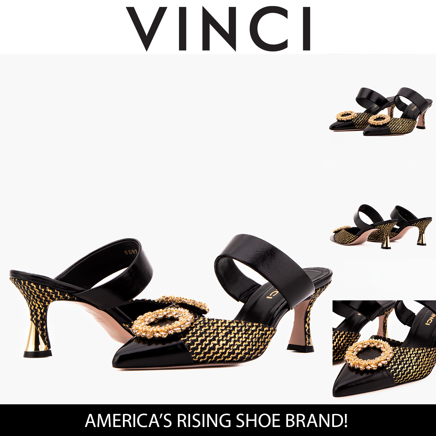 The Valencia Black Gold Jewel Heel Mule Sandal On Sale