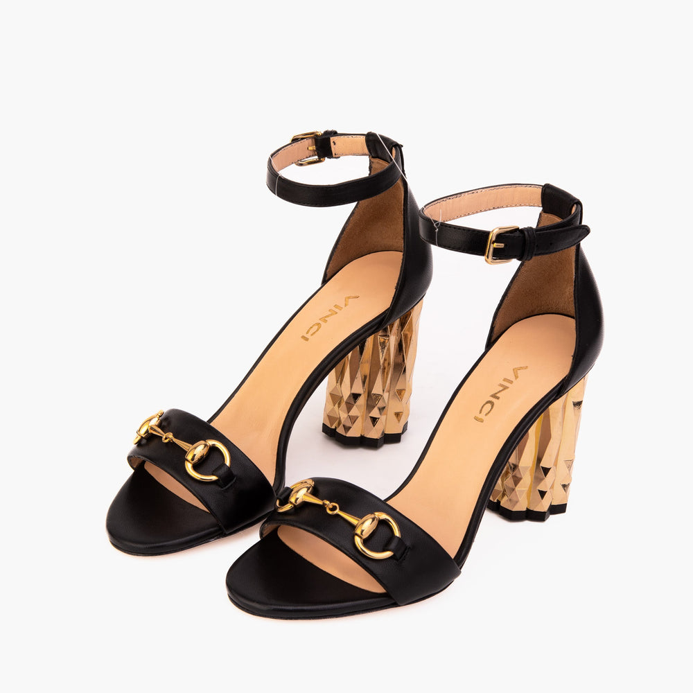 The Avlonya Block Heel Black Leather Ankle Strap Sandal Fine Craftsmanship
