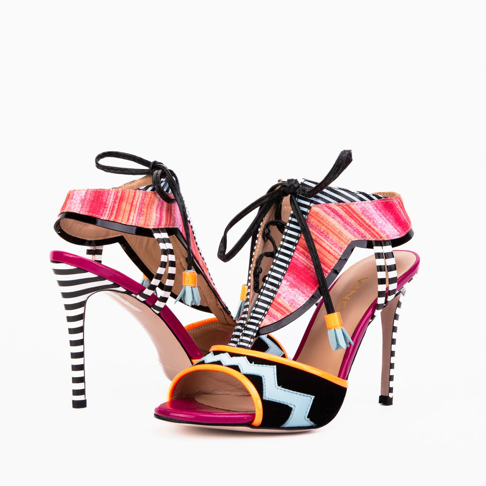 The Santa Amaro Multicolor T-Strap Lace-Up Leather Sandal On Sale