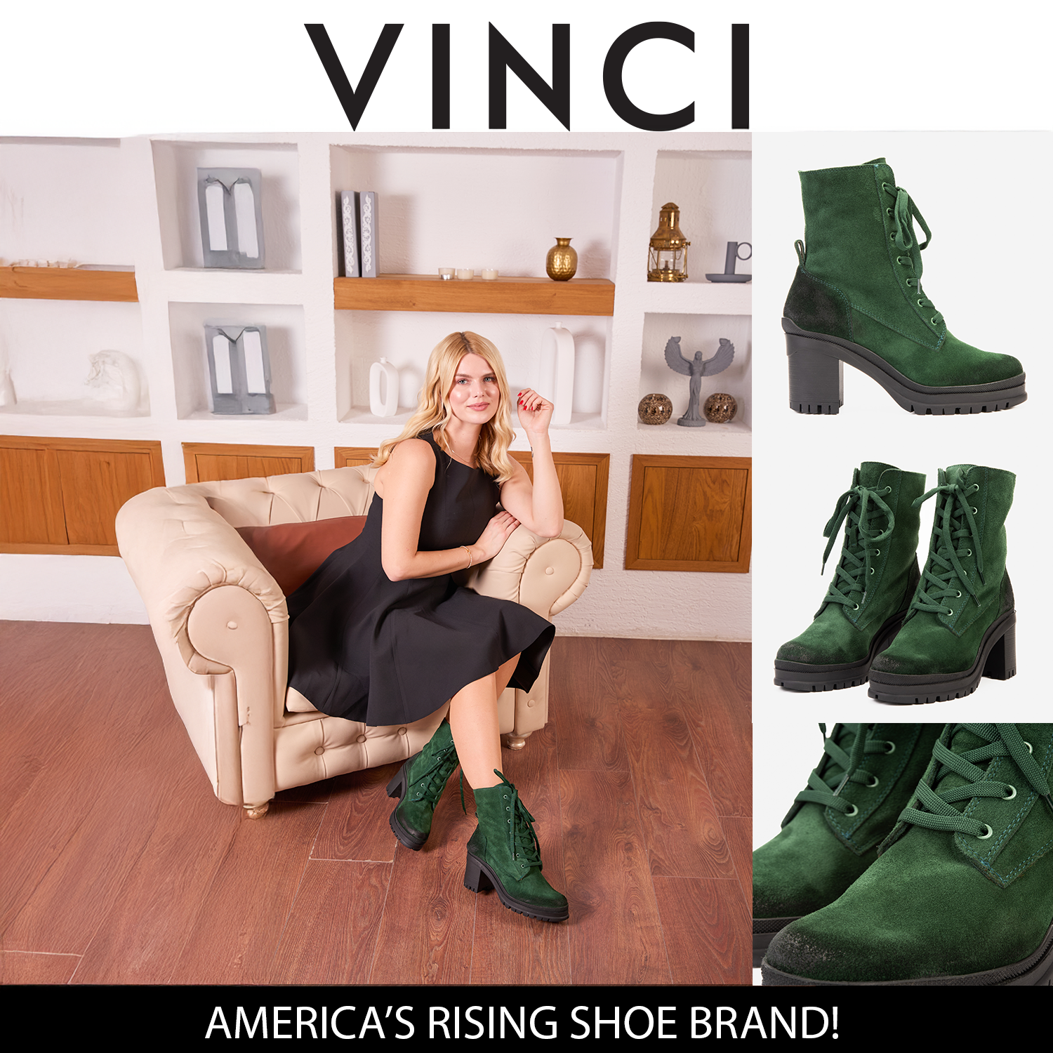 The Elera Green Leather Block Heel Boot For Sale